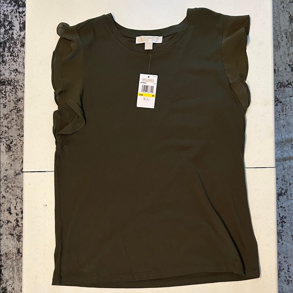 NWT Michael Kors Dark Green Ruffle Sleeve Blouse